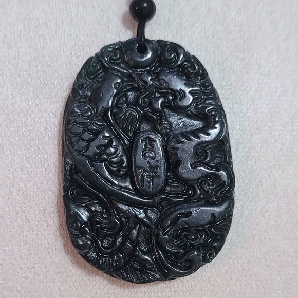 Dragon & Phoenix Black Jade Pendant - Picture 1 of 5